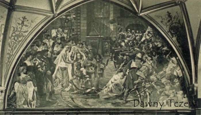 edno z historycznych malowideł, umieszczonych w XIX wieku w Białej Sali Ratusza Głównego Miasta, przedstawiało Eberharda Ferbera, otrzymującego wieniec po zwycięstwie w „turnieju majowym” na Długim Targu w 1493 r..jpg