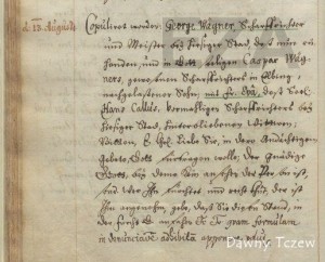 Tczew kat 1679.jpg (59.04 KiB) Przejrzano 11024 razy Tczew 13 sierpień 1679. oo George Wägner kat, syn Kacpra Wägner zmarłego kata z Elbląga, ożenił się z Ewą wdową po byłym kacie Janie Callus z Tczewa