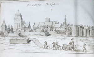 Panorama Tczewa z okresu I wojny polsko - szwedzkiej, 1627. Papier, rysunek piórkiem i tuszem. AP w Gdańsku.