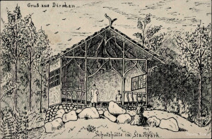 DIRSCHAU Pommern - SCHUTZHÜTTE im Stadtpark sign. Künstlerkarte I.jpg